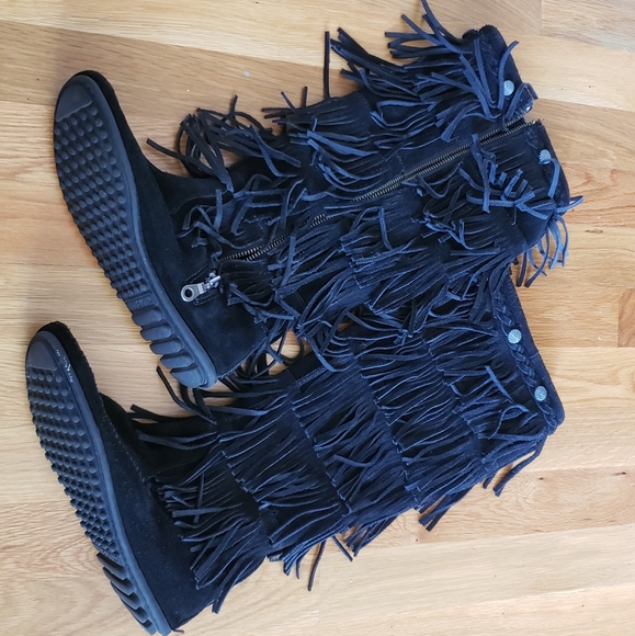 Minnetonka Fringe Tall Moccasin Boots Knee-high genuine leather - Picture 5 of 6